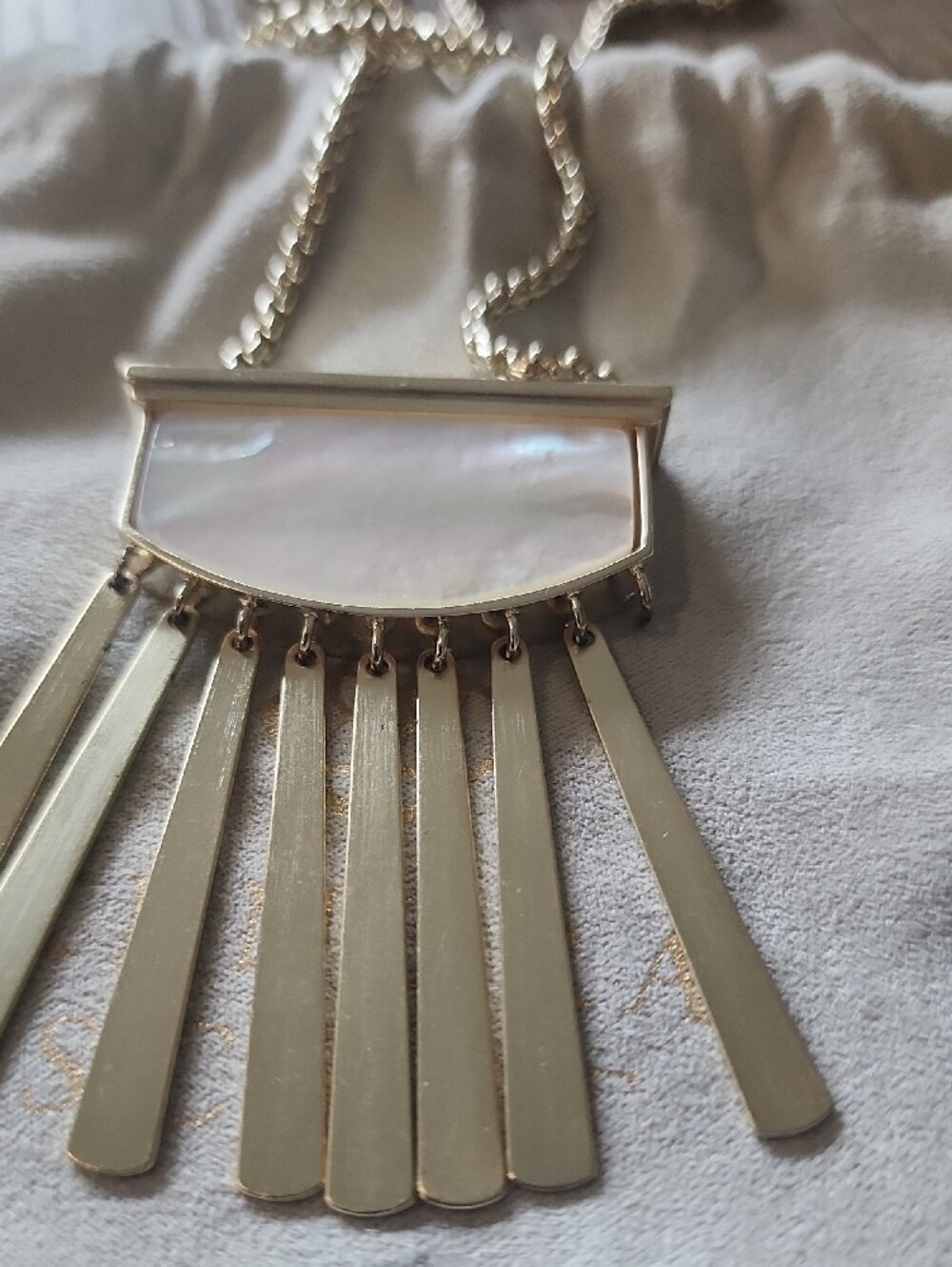 Gold Fringe Pendant Necklace with Mother-of-Pearl Inlay . One Missing Link - Picture 12 of 15